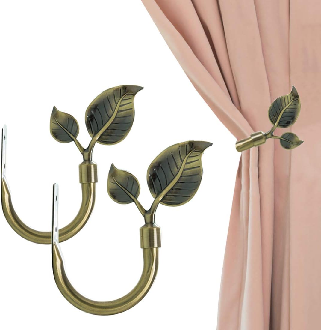 Window Treatment Hardware - HIKMLK Leaf Shaped Curtain Holdbacks 2pcs, Handmade Metal Curtain Side Holders for Wall, Antique Bronze Brass Curtain Tieback Hook Pull Backs for Drapes Window Home Decoration