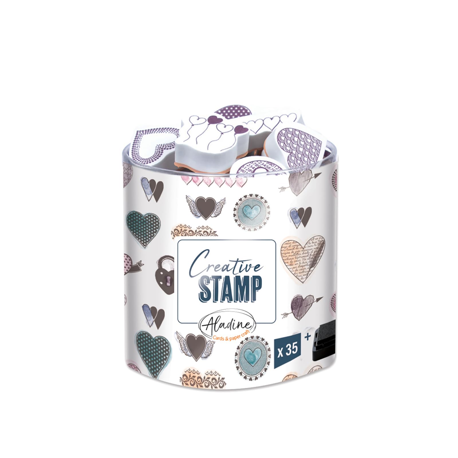 Aladine - Stampo Scrap Coeurs - Stamp kit for Creative Cartery - Scrap, DIY, creative leisure - Stamp set to take everywhere + Black Ink Included - Heart Theme
