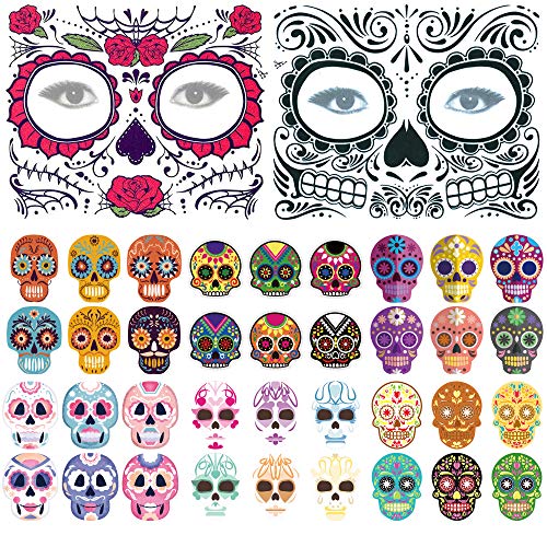 Day of the Dead Face Tattoos, Skeleton Tattoos Temporary, 6 Sheets Halloween Makeup Sugar Skull, Match Day of the Dead Costume, Glitter Red Roses Sugar Skull Tattoo Face, 36 Pcs, 6 Sheets