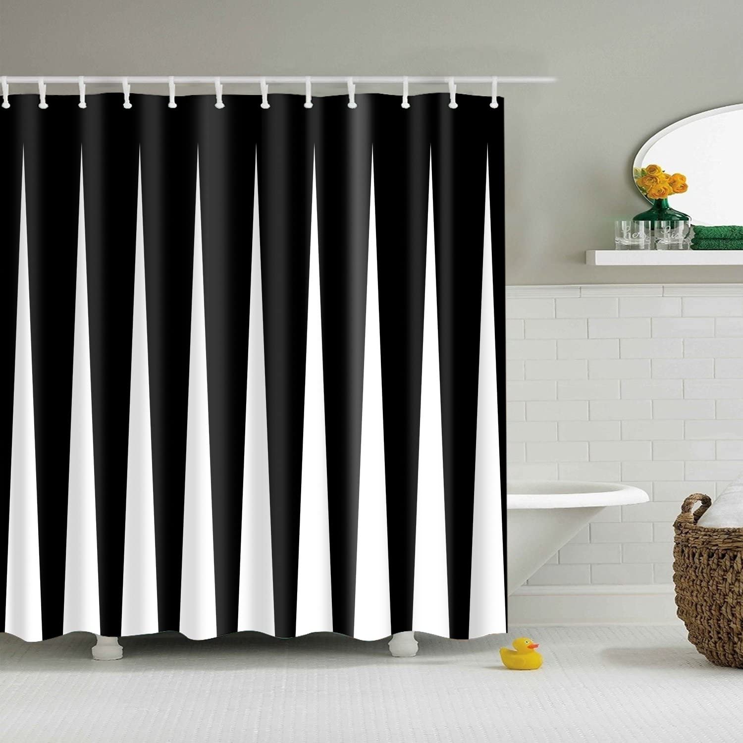 通用 Fashion Black and White Striped Shower Curtain, Modern Simple Minimalism Style Washable Polyester Fabric Bathroom Decor with Hooks 180 * 180cm