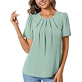 ALIGADUO Womens Summer Basic Chiffon Blouse Pleated Crewneck Shirts Casual Trendy Tops