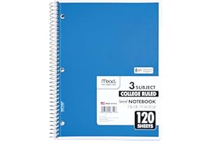 Mead Spiral Notebook, 3 Subject, College Ruled Paper, 8" x 11", 120 Sheets, Color Will Vary (820394-25)