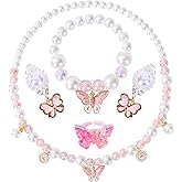 BAOBAOJOY Princess Jewelry for Little Girls, 5 Piece Pearl Kids Jewelry Set, Stretch Necklace Bracelets Rings and Clip on Earrings, Perfect for Dress Up, Birthday Parties, and Costume Play