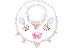 BAOBAOJOY Princess Jewelry for Little Girls, 5 Piece Pearl Kids Jewelry Set, Stretch Necklace Bracelets Rings and Clip on Earrings, Perfect for Dress Up, Birthday Parties, and Costume Play