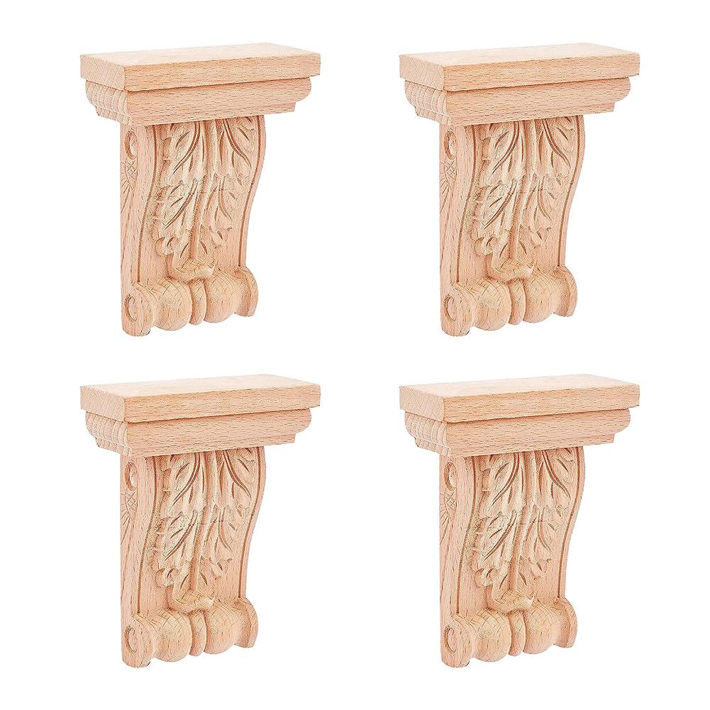 SUPERFINDINGS 4Pcs Wood Carving Decal 104x80mm European Unpainted Door Decor Natural Solid Wood Carved Onlay Applique Wood Carved Corner Onlay Corbels for Furniture Doors Bed Door Ornamental Decor