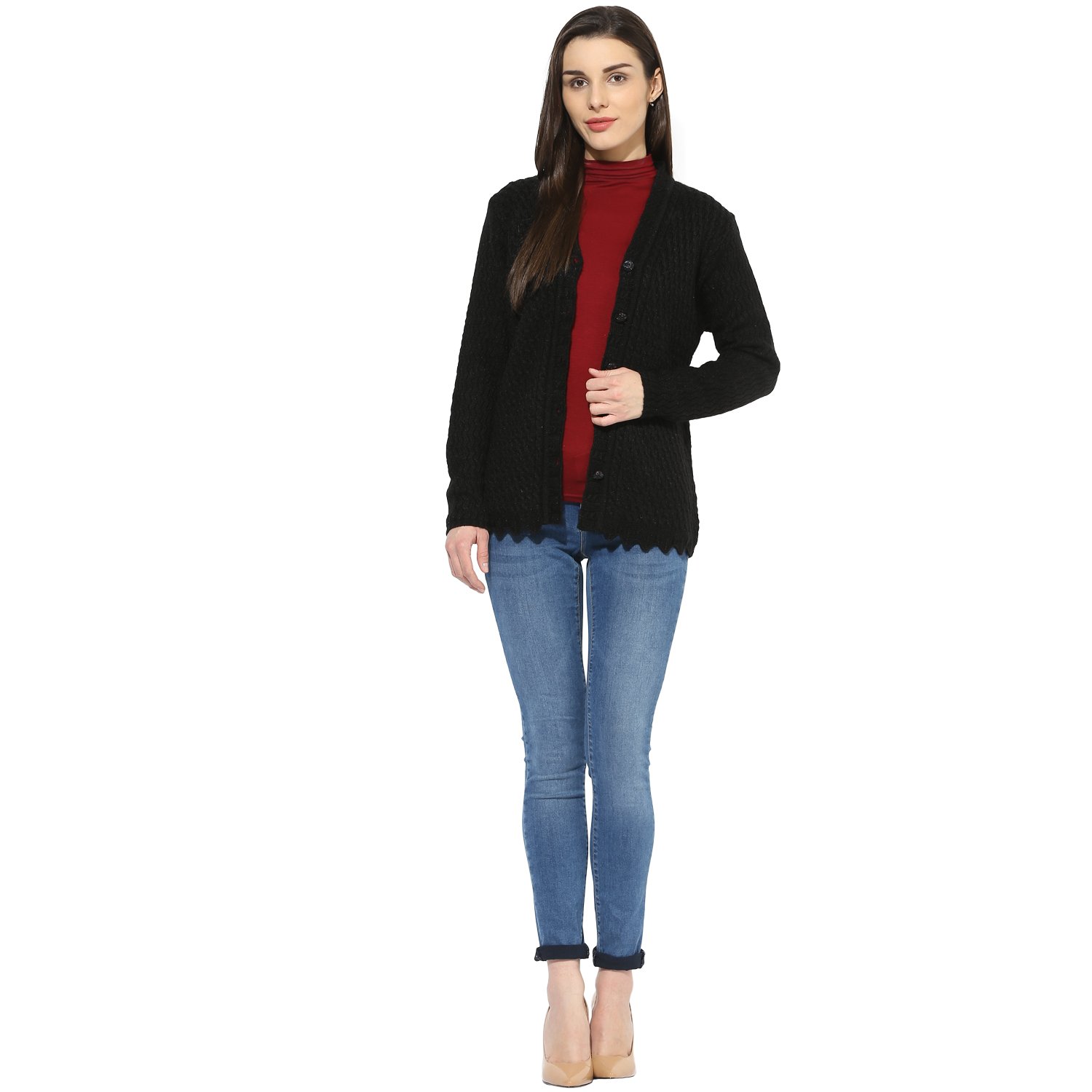 one femme women's woollen self-design solid color cardigan