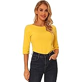 Allegra K Women's Casual Round Neck Elbow Sleeve t Shirts Slim Fit Blouses Tops Fashion
