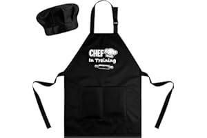 Bouiexye Kids Apron and Chef Hat Set Adjustable Child Aprons with 2 Large Pockets for Girls Boys Cooking Baking Painting Gift