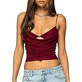 Women Draped Cowl Neck Cami Y2K Spaghetti Strap Cut Out Tank Top Sexy Patchwork Backless Sleeveless Going Out Top (Wine Red, M)