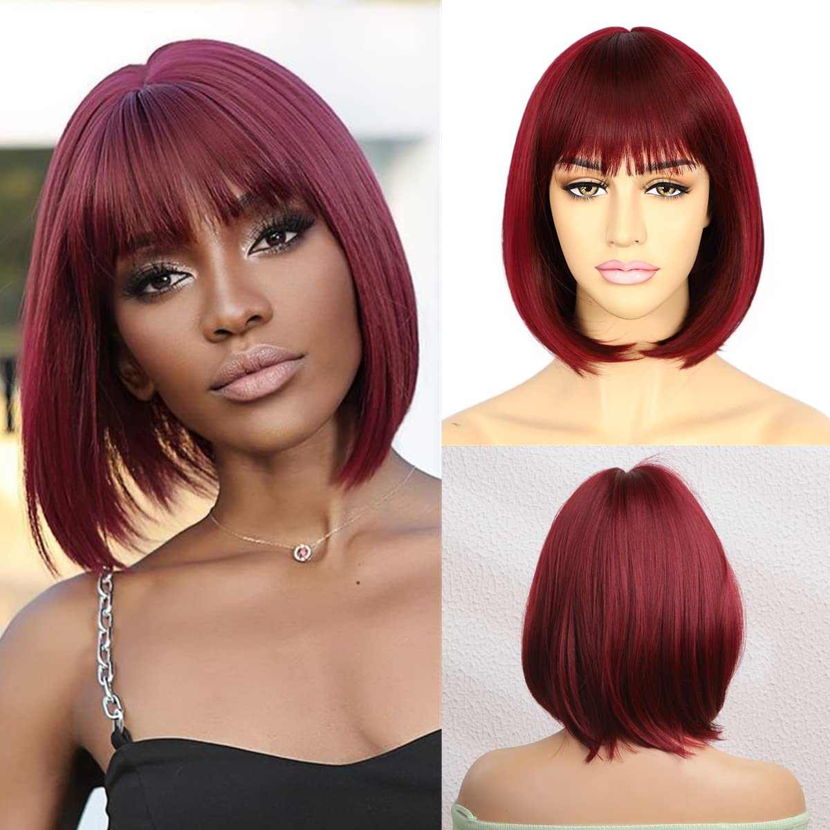 Sapphirewigs Burgundy Bob Wigs for Women Wine Red Bob Wig with Bangs Short Hair Daily Party Natural Looking 12 inch — image 1