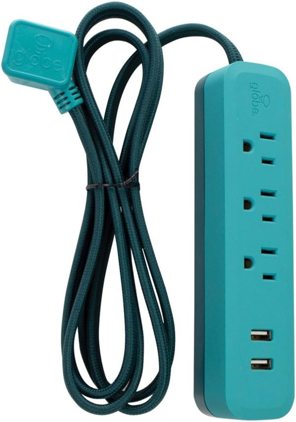 Designer Series 6-ft 3-Outlet USB Surge Protector Power Strip, 2x USB Ports, Right Angle Plug, Teal Rubberized Finish,78390