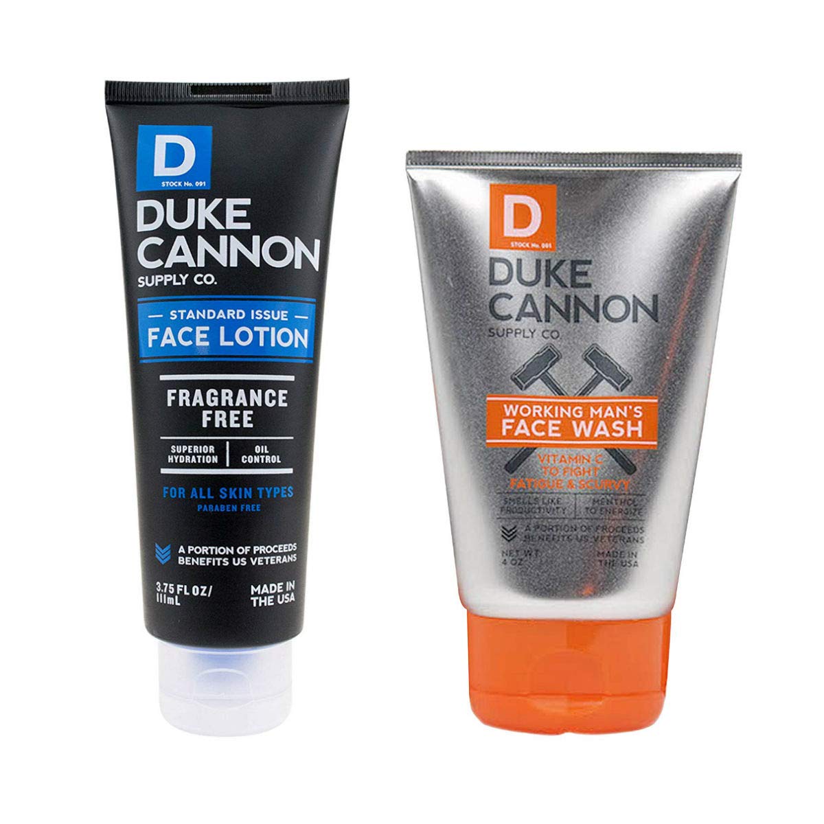 Duke Cannon Men's Face Bundle: Standard Issue Face Lotion, 3.75oz + Working Man's Face Wash, 4oz