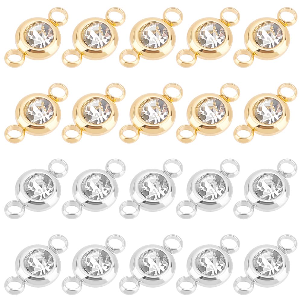 UNICRAFTALE about 20pcs 2 Colors Glass Connector Charms 12x6.5mm Stainless Steel Crystal Rhinestone Link Charms Flat Round Diamond Connectors Linking Charm for Jewelry Making