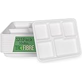 TruFibre Lunch Trays, 5 Compartment Plates, 125 Pack | Bagasse Disposable Lunch Trays, Styrofoam Trays for Food, Meals, Lunch, Dinner, School, Cafeterias, Holidays, Parties, Bulk