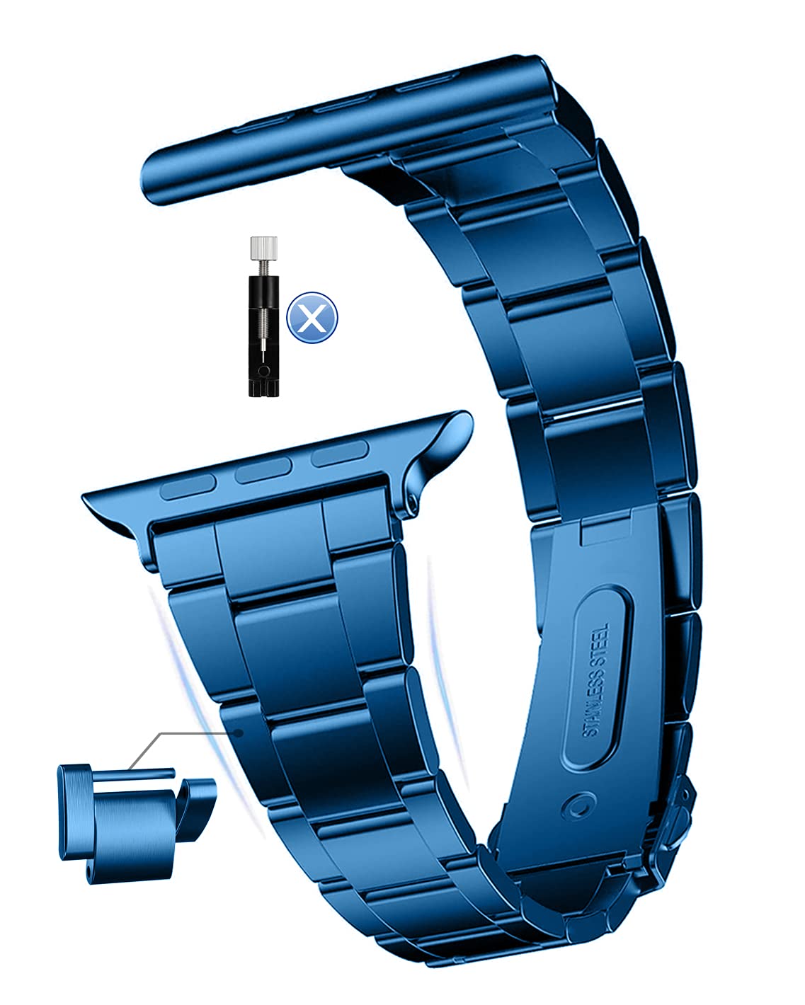 MaKTech Stainless Steel Watch Band,Self-dismantling (No Tool Needed),Three-Piece Metal Link Bracelet Strap,Compatible with Apple Watch Series 10/9/Ultra 2/SE/8/7[2024] (46mm/45mm/44mm/49mm,Blue)