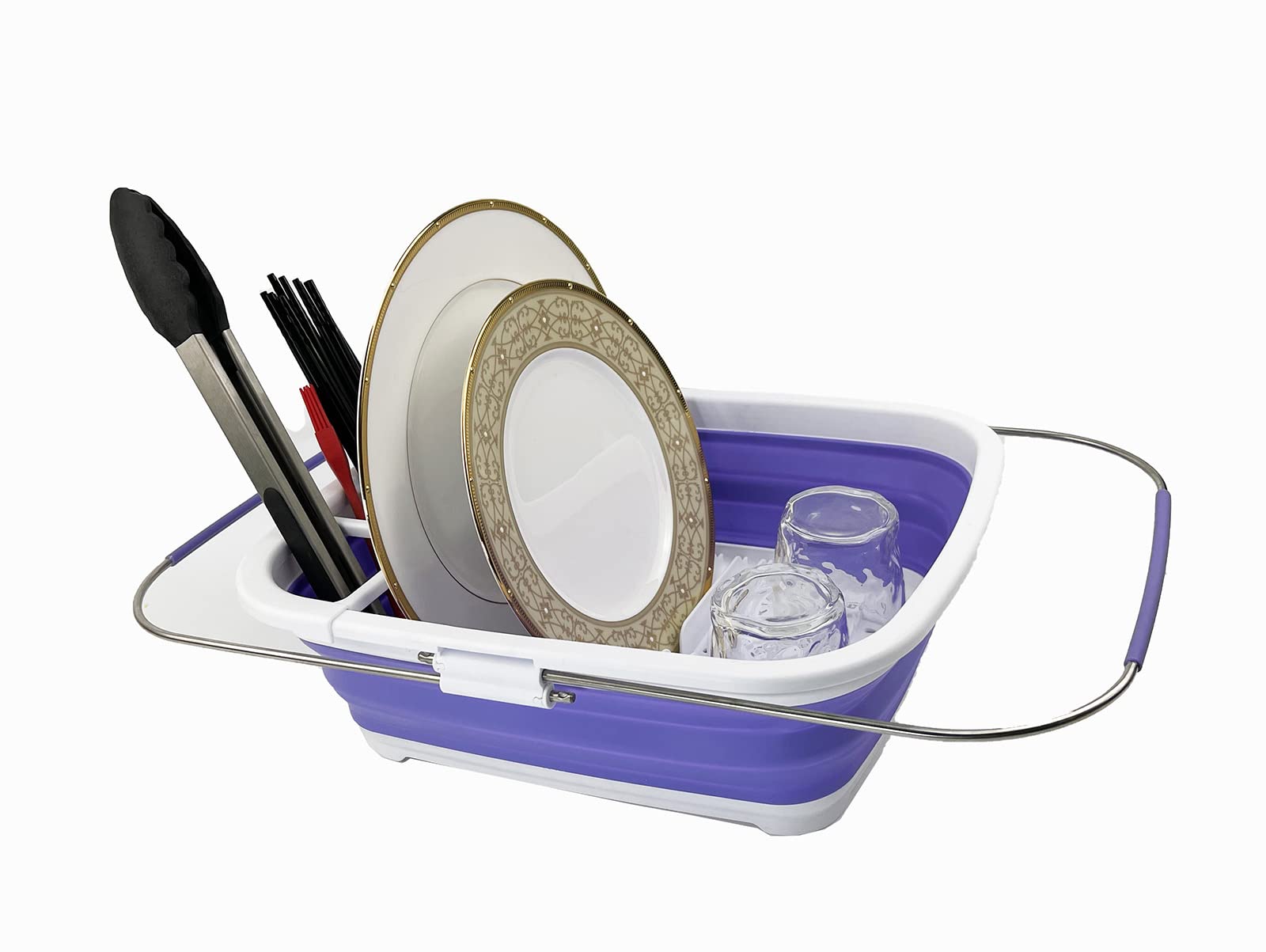 SAMMART 8 Litres (2.11Gallons) Expandable Collapsible Dish Drainer - Foldable Drying Rack - Portable Dinnerware Organizer - Save space Kitchen Storage Tray (White/Very Peri, 1)