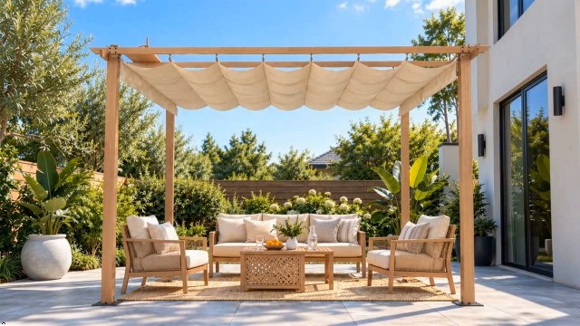 10 x 13 FT Outdoor Aluminum Pergola with Retractable Canopy, Off-White image 13