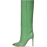 Fravonkass Women's Fashion Crocodile High Stiletto Heel Knee High Boots 3.94inch/10cm Pointed Closed Toe Pull On High Heel Long Boots Fall Winter Dressy Tall Boots for Women
