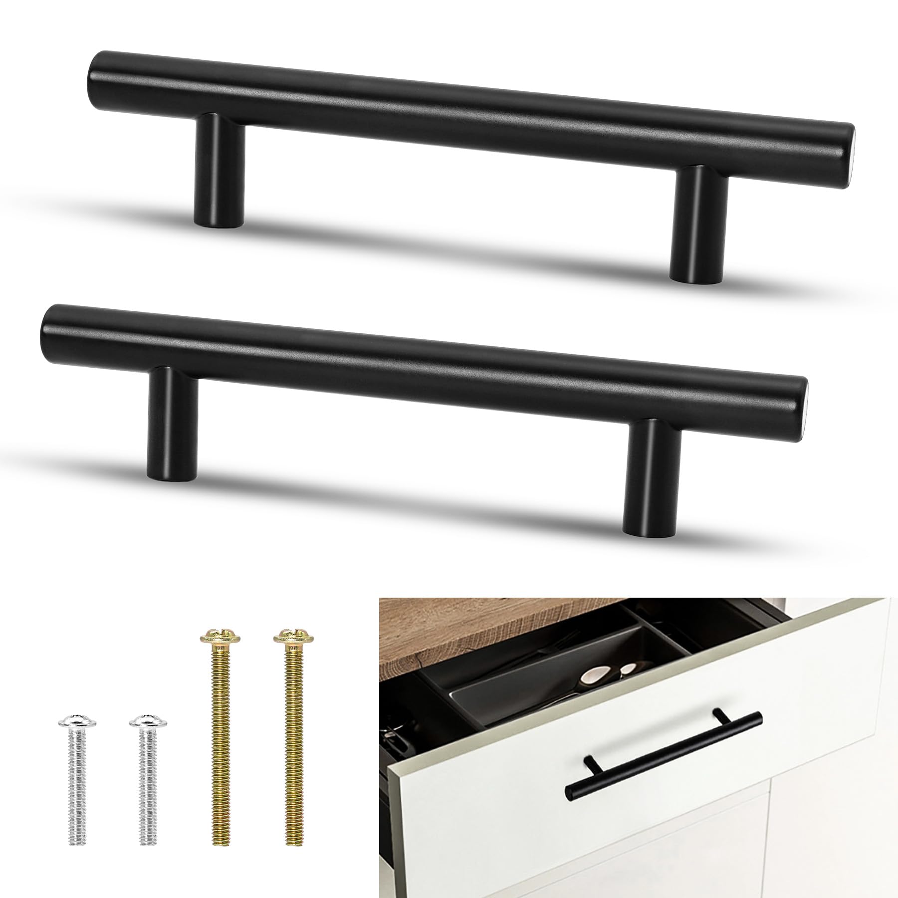 10 Pack Kitchen Cupboard Handles, 96mm Hole Center Black T Bar Cabinet Door Pulls, Stainless Steel Wardrobe Drawer Handles, Kitchen Door Handle Pulls with Screws for Cupboard, Dresser, Chest