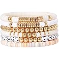 GOOJIDS Surfer Heishi Clay Bead Bracelets for Women Bohemian Stackable Gold Beaded Stretch Bracelets Elastic Layering Friendship Bracelets Set Boho Jewelry