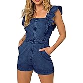 Kedera Women Ruffle Sleeveless Denim Rompers Short Zip Up Denim One Piece Jumpsuit with Pocket