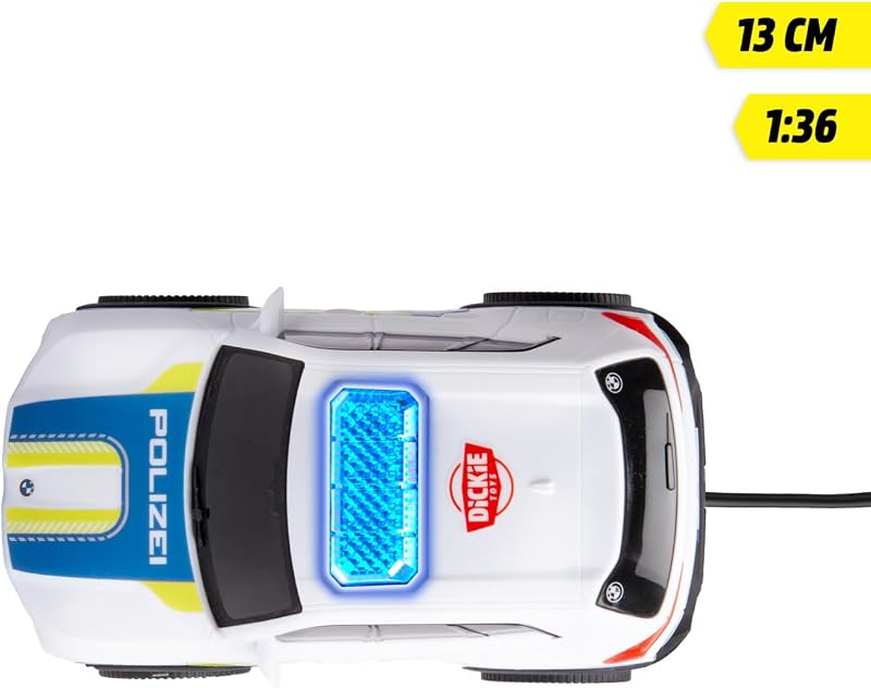 BMW XM Police Racer 1:36 13 cm, Voiture de Police télécommandée pour Enfants à partir de 3 Ans, télécommande par câble, lumière, Virage Avant Droit, Marche arrière, Fonction Try Me