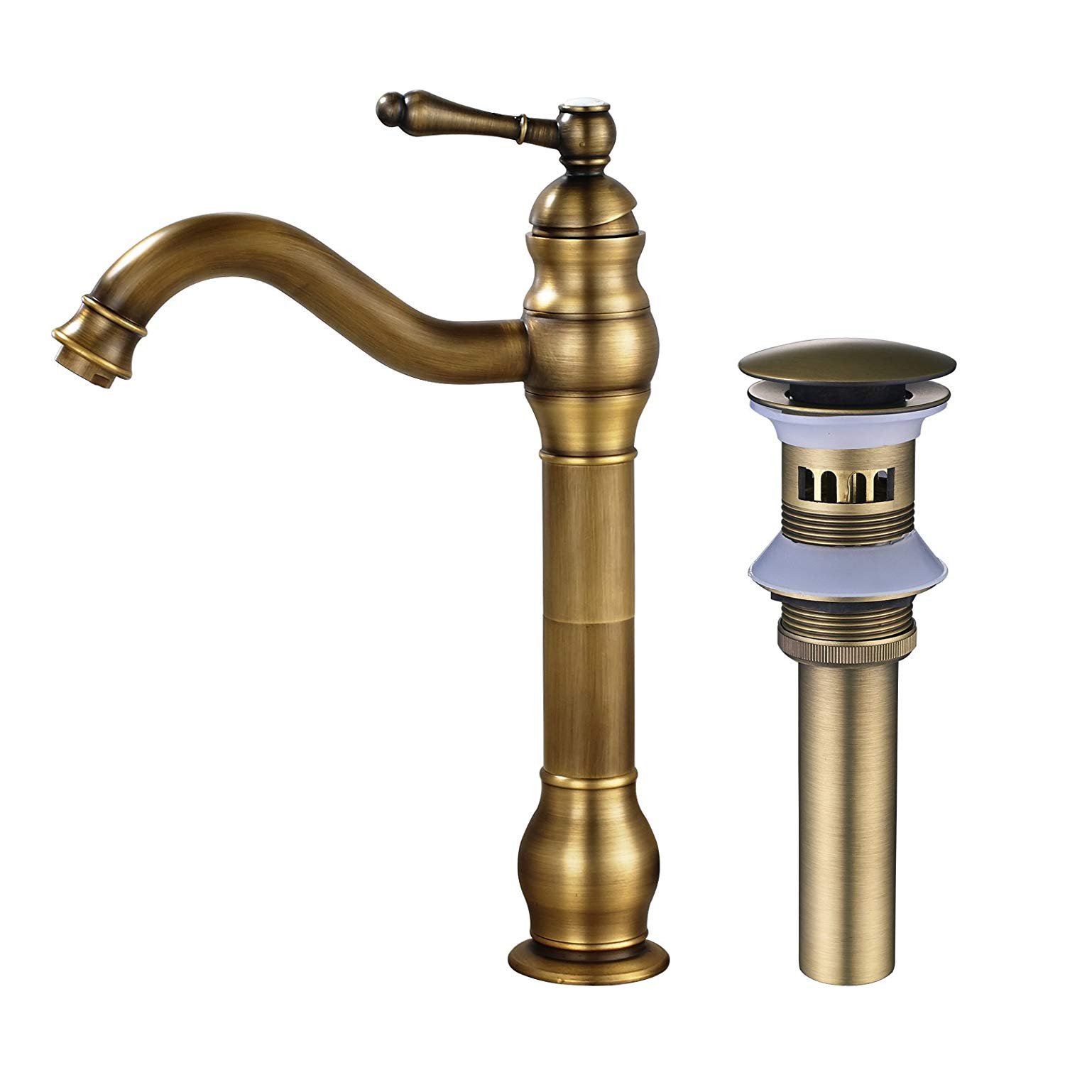 MEIBATH Bathroom Sink Taps Single Handle Countertop Faucet Vessel Tap + Sink Pop up Drain(with Overflow) Antique Brass Basin Mixer Taps Bathroom Kitchen Faucets
