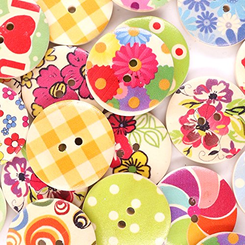 Renashed 50Pcs Mixed Color Design Wooden Buttons in Bulk for Crafts Scrapbooking or Sewing and DIY Craft (30mm)