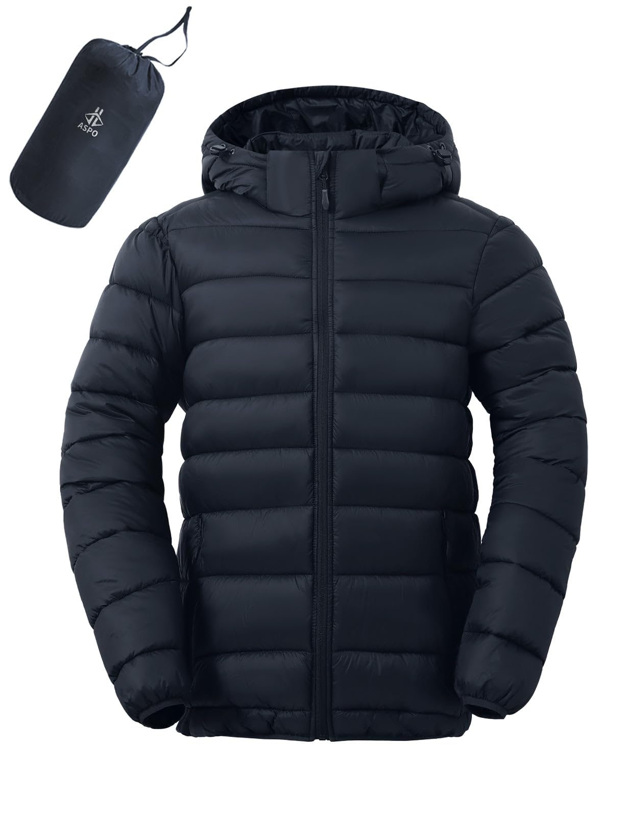 Photo 1 of ASPO Men's Packable Puffer Jackets Winter Lightweight Detachable Hood Water-Resistant Down Coats Warm Insulated Hiking Travel Navy Blue XL