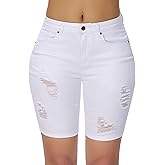 roswear Women’s High Waisted Stretchy Denim Distressed Knee Length Bermuda Shorts
