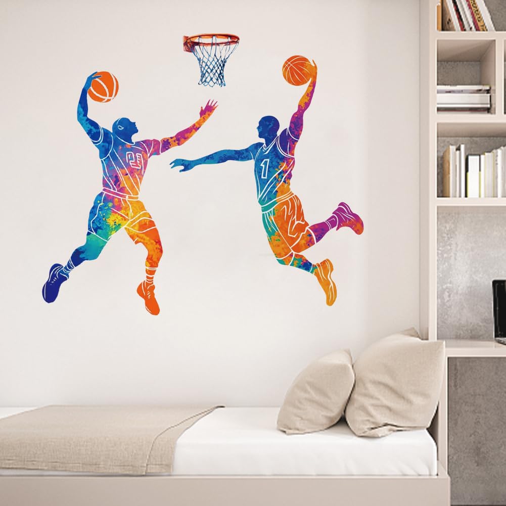 SUPERDANT Basketball Player Wall Stickers Watercolor Wall Decal Sports Wall Art Decor Colorful Window Sticker Art Decorations Decor for Basketball Gymnasium Classroom Playroom School