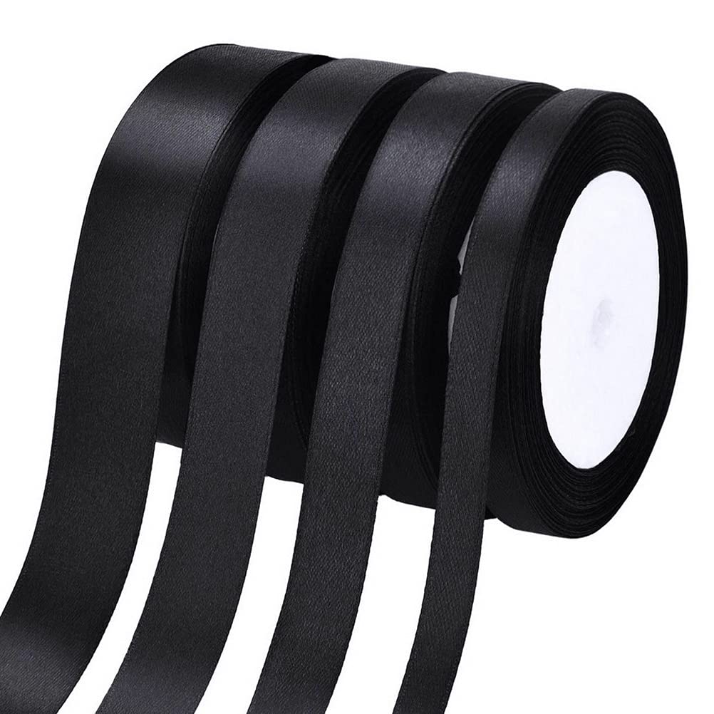 4 Rolls Satin Ribbon, 1/1.5/2/3 CM in Width Black Fabric Ribbon Silk Satin Roll for DIY Crafts Gift Wrapping