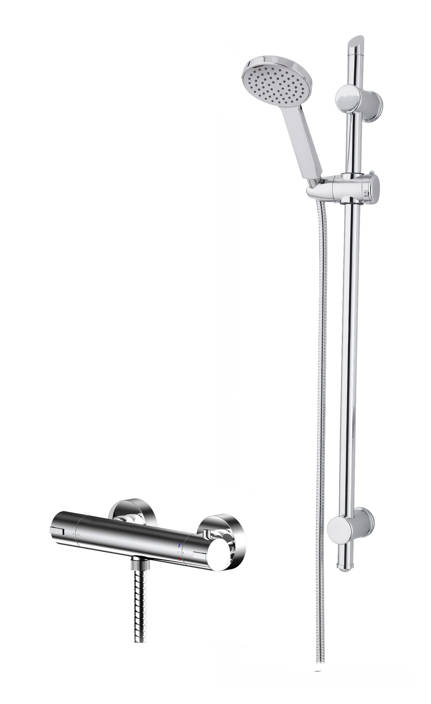 Nuie SBR67BV1 Shower Bundle Modern Bathroom Binsey Thermostatic Bar Valve with Bottom Outlet and Round Slide Rail Kit with Single Function Handset, Chrome