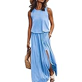 amropi Women Sleeveless Loose Plain Maxi Dress Casual Slit Long Dresses