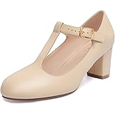 IDIFU Women's Pumps Dress Shoes for Women Mary Jane Low Chunky Closed Toe T-Strap Womens Dress Shoes Wedding Shoes for Bride Black Nude Silver Heels for Women