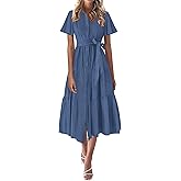 KIRUNDO Summer Button Down Wedding Guest Shirt Dresses for Women Maxi Flutter Short Sleeve Flowy Tiered Beach Sun Dress