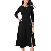 VFSHOW Womens Pleated Notch V Neck Front Slit Buttons Pockets Office Business Work Slim A-line Fit and Flare Midi Dress