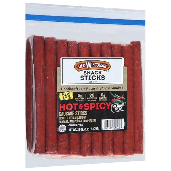 OLD WISCONSIN HOT & SPICY SAUSAGE SNACK STICKS, NATURALLY SMOKED, READY TO EAT, HIGH PROTEIN, LOW CARB, KETO, GLUTEN FREE, 28 OUNCE RESEALABLE PACKAGE