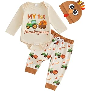 GOOCHEER My First Thanksgiving Baby Boy Outfit Turkey Long Sleeve Romper Pants Hat