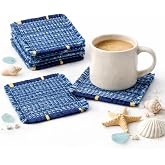 Boho Woven Coasters for Coffee Table Decor - Set of 6, Absorbent Blue Coasters Modern Minimalist Home Decor, Housewarming Gift, 4.0 Inch