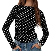 Women Polka Dot Long Sleeve Top Crewneck Dot Print Tshirts Tight Fitted Crop Top Trendy Going Out Fall Tee Shirt