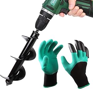 Auger Drill Bit Garden Plant Flower Bulb Auger 3” x 10” Rapid Planter Post or Umbrella Hole Digger For 3/8” Hex Drive Drill with Garden Genie Gloves