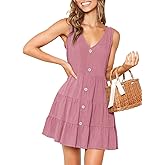 MITILLY Women's Casual T-Shirt Dresses Sleeveless V Neck Button Down A Line Loose Swing Short Dress with Pockets