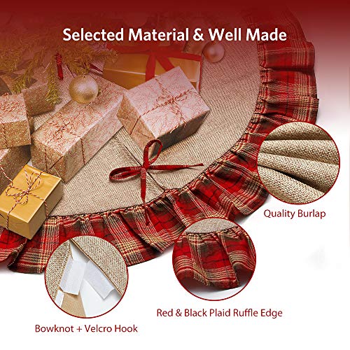 MeeQee 48 Inches Christmas Tree Skirt, Line Burlap Tree Skirt Plaid Ruffle Edge Border Large Round for Holiday Christmas Party Decorations, Line Burlap