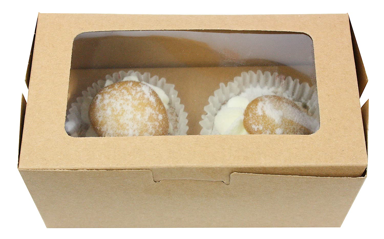 Emartbuy Kraft Bakery Cupcake Muffin Party Boxes Containers with Clear Window Cardboard Insert Holds 2 Cupcakes - Pack of 12