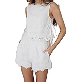 Y2k Women Tie Side Shorts Outfit 2pcs Sleeveless Crewneck Top Ruffle Trim Floral Embroidered Hollow Shorts Set