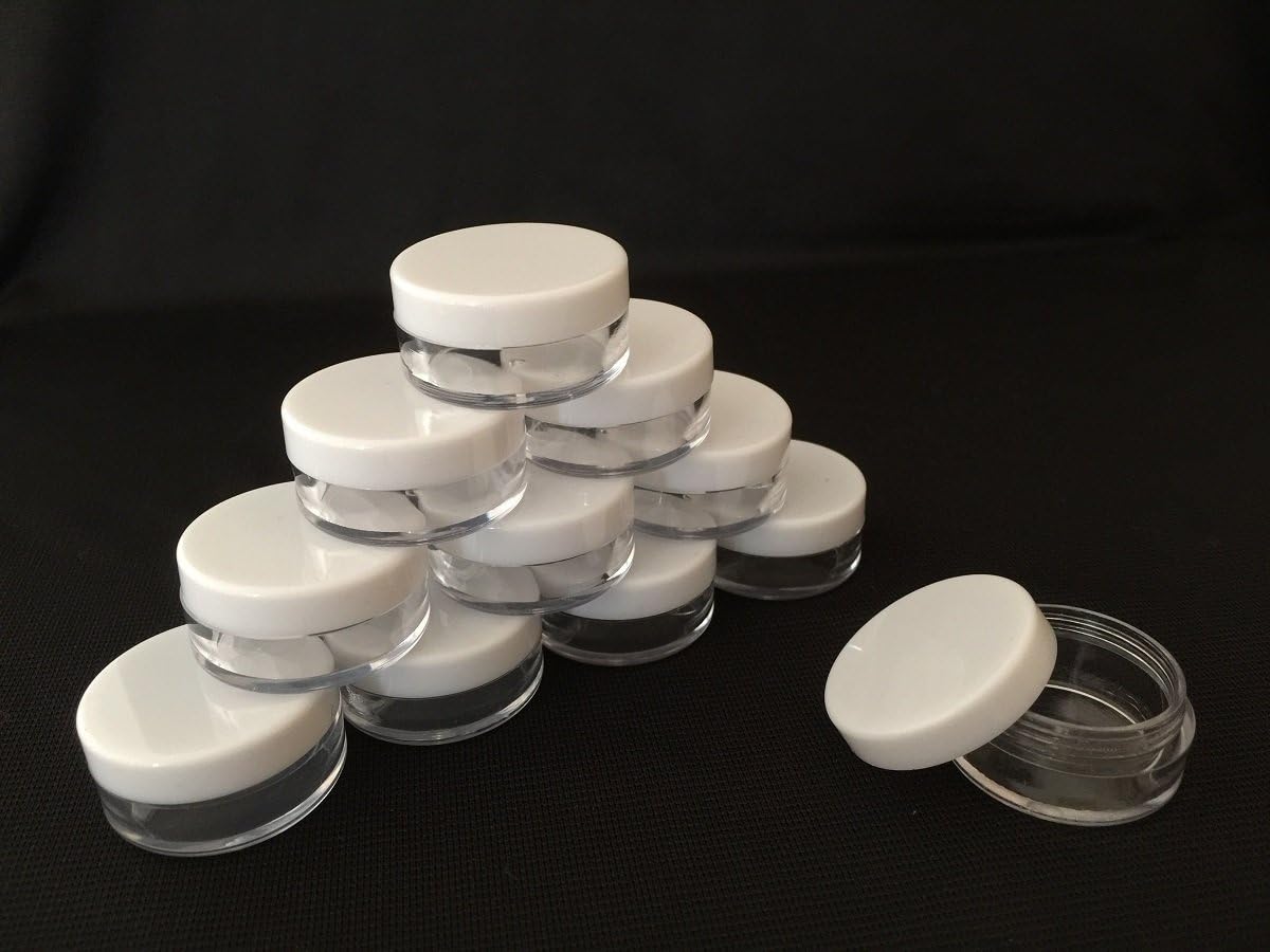 50 x 3ml (3gm) CLEAR PLASTIC SAMPLE JARS/POTS WITH WHITE SCREW-FIT CAPS Cosmetic/Makeup/Glitter/Nail Art/Powder/Trinkets/Jewellery/Lip-Balm (50pcs)