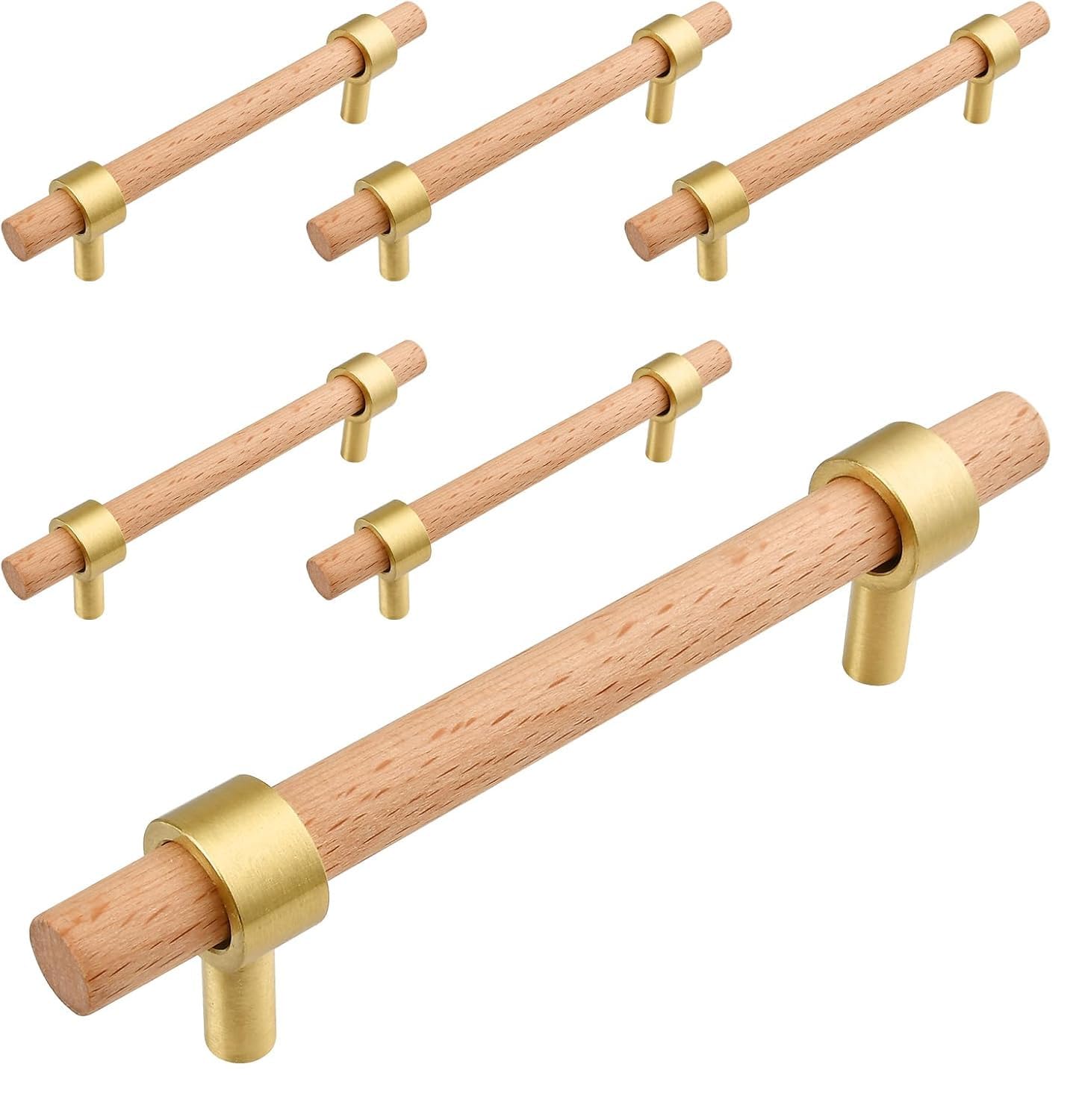 SYZOW 6 Pack Wood Cabinet Pulls 96mm Hole Center Wood Cabinet Pulls Gold Brass Base Drawer Pulls for Cabinets Wardrobe Dresser, 5-1/2" (140mm) Overall Length