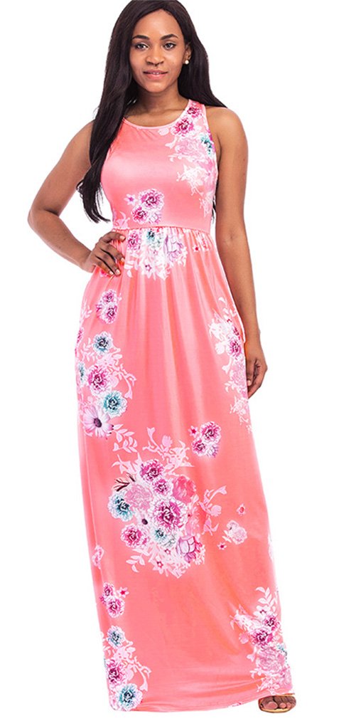Women\'s Floral Print Round Neck Sleeveless Long Maxi Casual Dress with Pocket Pink XL