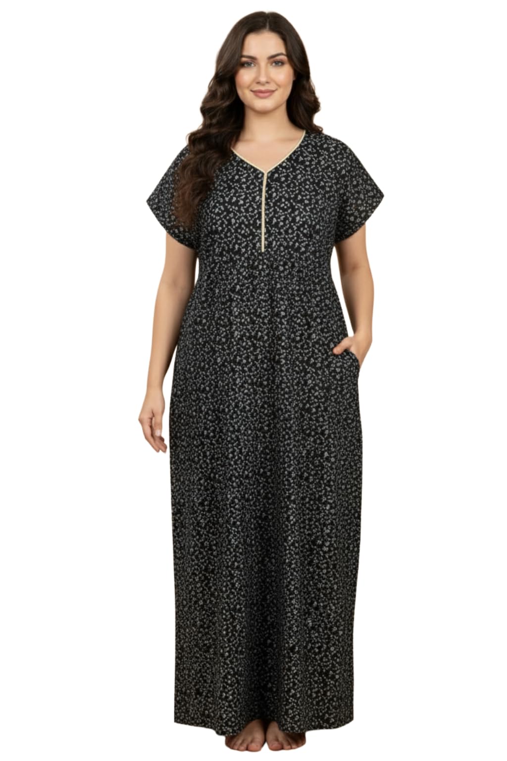 Bahumaan Pure Cotton Nighty for Woman | Floral Gown for Women Night Wear with Pocket | Cotton Nighty for Women Stylish | Maxi for Women Cotton (Black, M-Bust-42)
